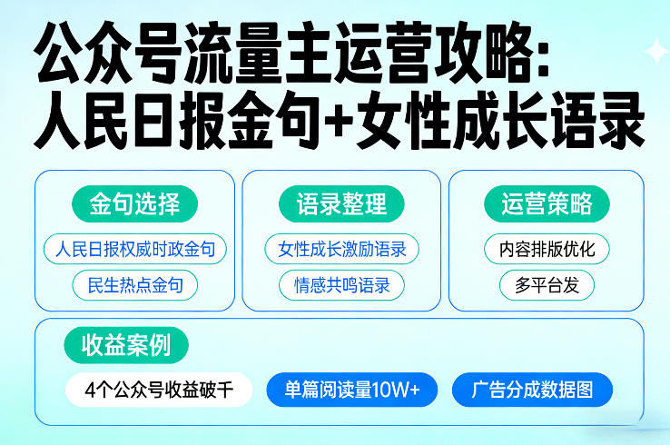 利用人民日报金句+女性成长语录做公众号流量主，4个公众号收益破千-紫橙网创项目网