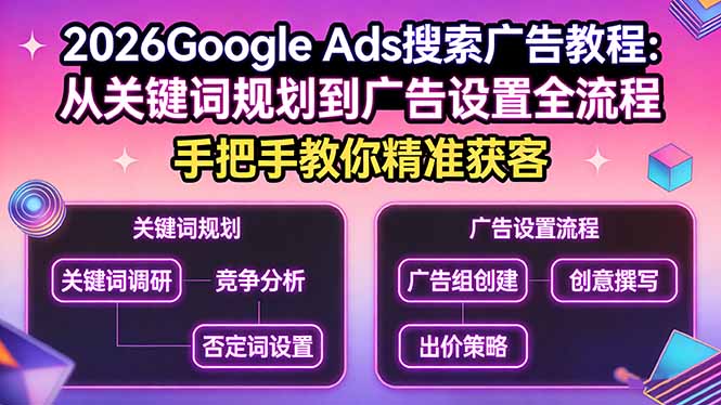 2026Google Ads搜索广告教程：从关键词规划到广告设置全流程，手把手教你精准获客-紫橙网创项目网