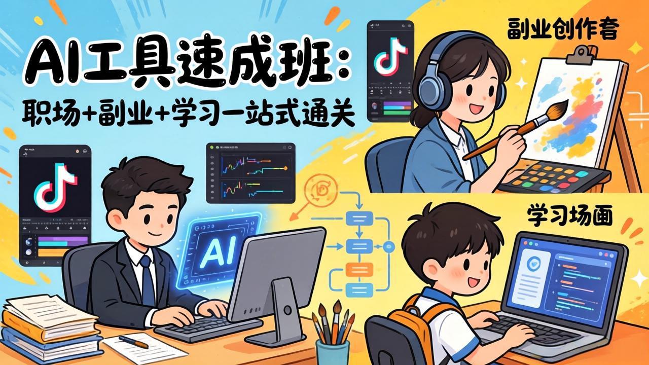 AI工具速成班：职场+副业+学习一站式通关，20+爆款类型+剪映技巧+抖音算法，0基础快速上手-紫橙网创项目网