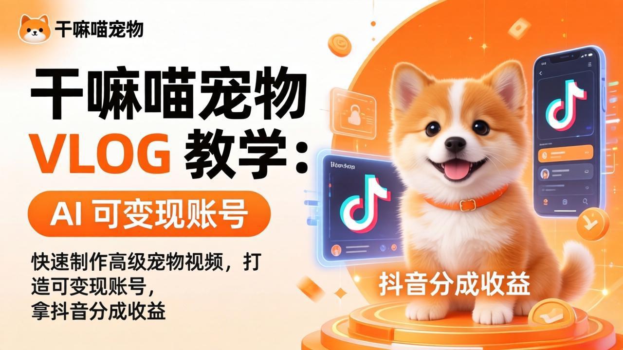 干嘛喵宠物 VLOG 教学：AI 快速制作高级宠物视频，打造可变现账号，拿抖音分成收益-紫橙网创项目网