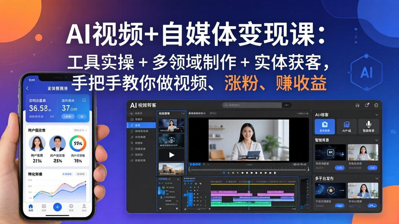 AI视频+自媒体变现课：工具实操 + 多领域制作 + 实体获客，手把手教你做视频、涨粉、赚收益-紫橙网创项目网