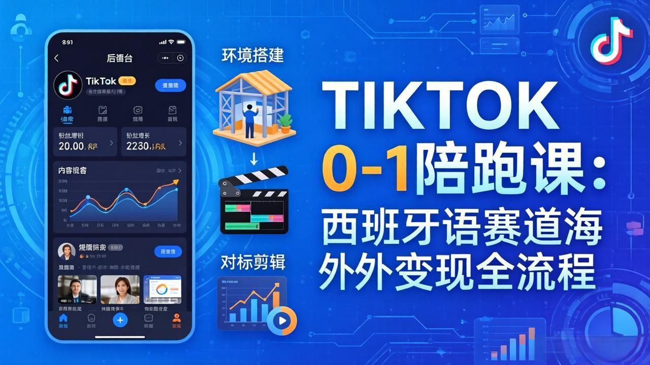 TIKTOK 0-1 陪跑课：从环境搭建到刷对标剪辑，西班牙语赛道海外变现全流程-紫橙网创项目网