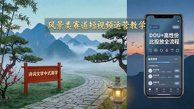 风景类赛道短视频运营教学:诗词文学中式美学,新号养号对标账号定位,DOU+高性价比投放全流程-紫橙网创项目网