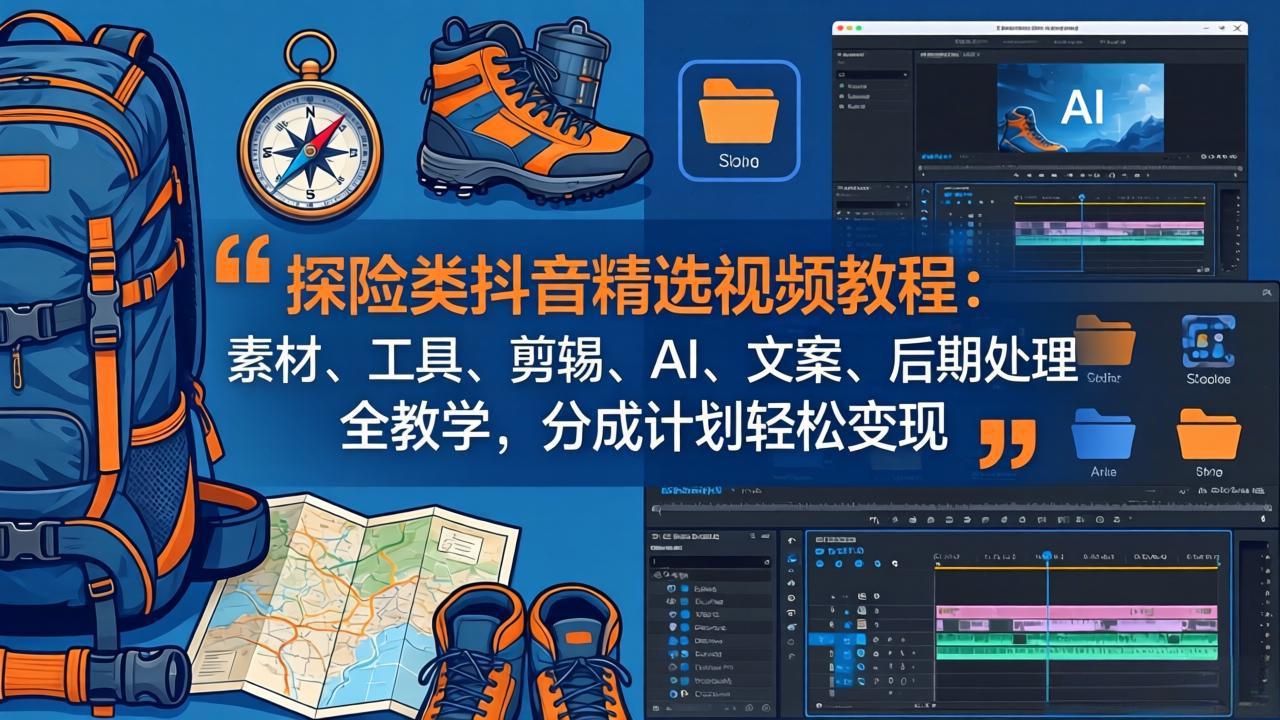 探险类抖音精选视频教程：素材、工具、剪辑、AI、文案、后期处理全教学，分成计划轻松变现-紫橙网创项目网