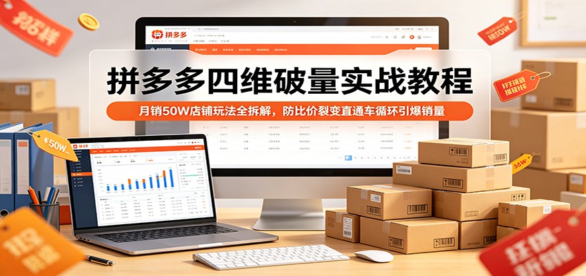 拼多多四维破量实战教程:月销50W店铺玩法全拆解,防比价裂变直通车循环引爆销量-紫橙网创项目网