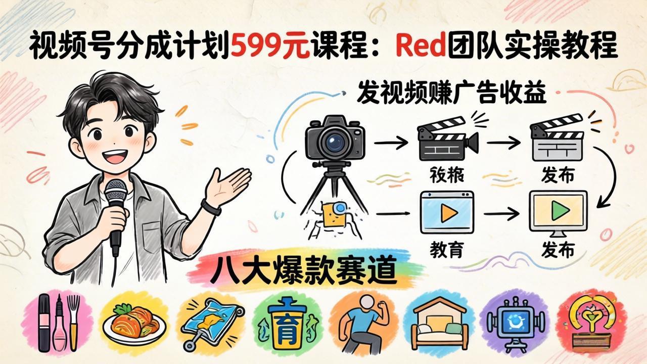 视频号分成计划599元课程：Red团队实操教程，发视频赚广告收益，八大爆款赛道全掌握-紫橙网创项目网