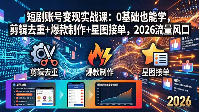 短剧账号变现实战课:0基础也能学,剪辑去重+爆款制作+星图接单,2026流量风口-紫橙网创项目网