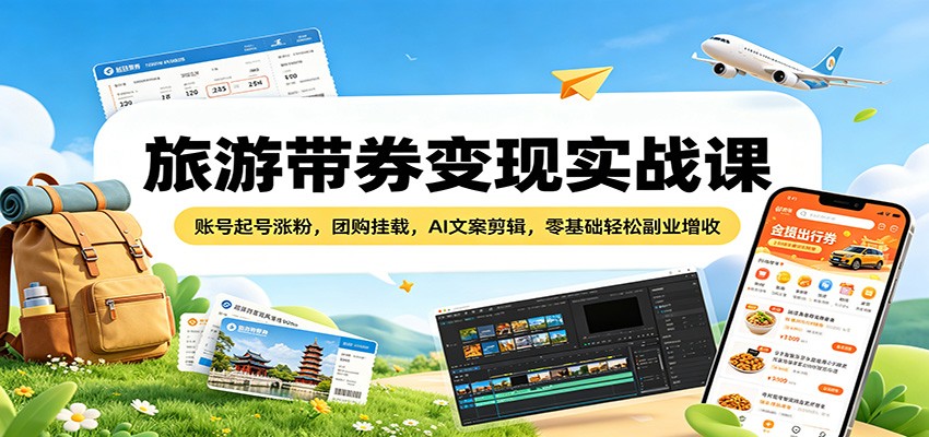 旅游带券变现实战课：账号起号涨粉，团购挂载，AI文案剪辑，零基础轻松副业增收-紫橙网创项目网