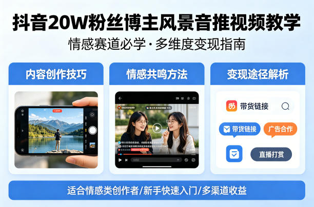 抖音20W粉丝博主风景音推视频教学,情感赛道必学,各种变现途径-紫橙网创项目网