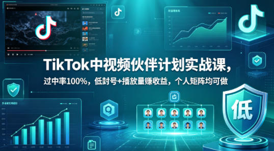 TikTok中视频伙伴计划实战课,过中率100%,低封号+播放量賺收益,个人矩阵均可做-紫橙网创项目网