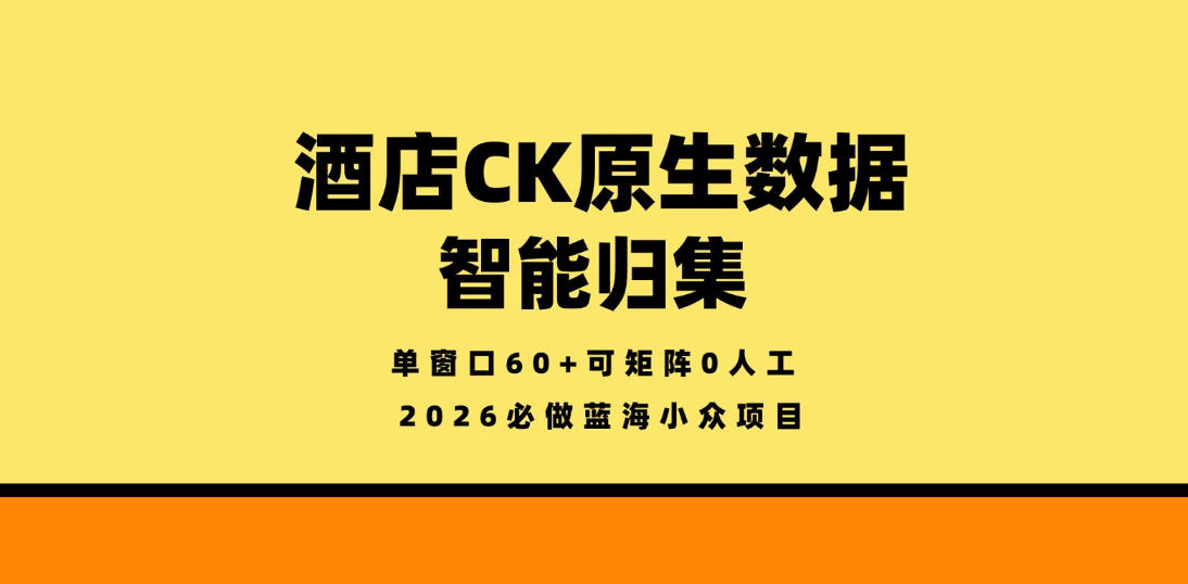 酒店CK原生数据智能归集,单窗口60+可矩阵0人工,2026必做蓝海小众项目-紫橙网创项目网