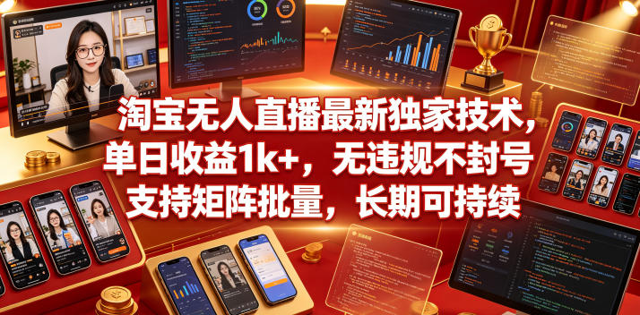 淘宝无人直播最新独家技术,单日收益1k+,无违规不封号,支持矩阵批量,长期可持续-紫橙网创项目网