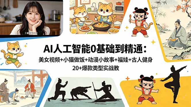 AI人工智能0基础到精通：美女视频+小猫做饭+动漫小故事+福娃+古人健身，20+爆款类型实战教学-紫橙网创项目网