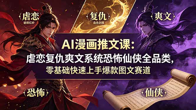 AI漫画推文课：虐恋复仇爽文系统恐怖仙侠全品类，零基础快速上手爆款图文赛道-紫橙网创项目网