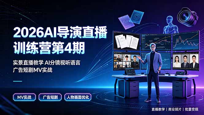 2026AI导演直播训练营第4期,实景直播教学AI分镜视听语言,广告短剧MV实战,解决人物画面崩坏痛点-紫橙网创项目网