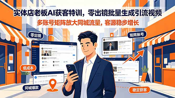 实体店老板AI获客特训,零出镜批量生成引流视频,多账号矩阵放大同城流量,客源稳步增长-紫橙网创项目网