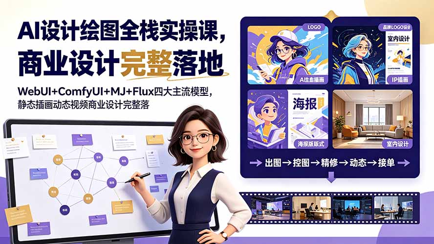 AI设计绘图全栈实操课,WebUI+ComfyUI+MJ+Flux四大主流模型,静态插画动态视频商业设计完整落地教程-紫橙网创项目网
