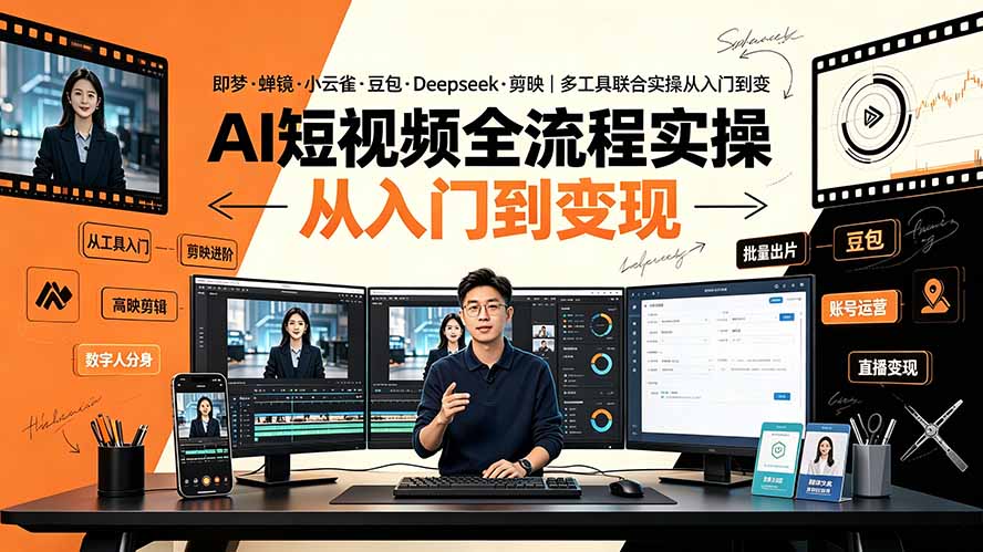 AI短视频全流程实操:即梦·蝉镜·小云雀·豆包·Deepseek·剪映|多工具联合实操从入门到变现-紫橙网创项目网