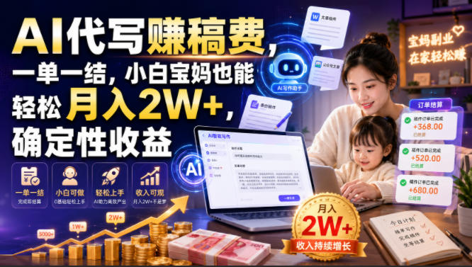 AI代写賺稿费,一单一结,小白宝妈也能轻松月入2W+,确定性收益-紫橙网创项目网