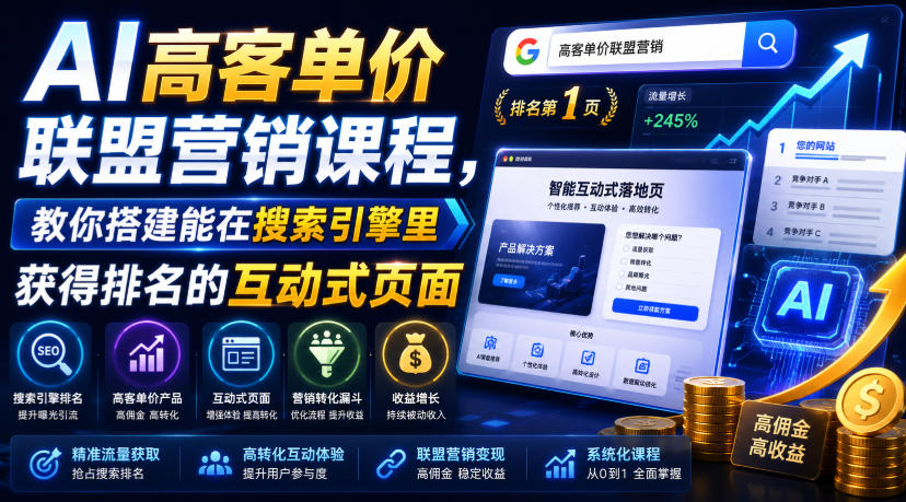 AI高客单价联盟营销课程,教你搭建能在搜索引擎里获得排名的互动式页面,引来流量,把访客转化为高佣金的成交【原创双语字幕】-紫橙网创项目网