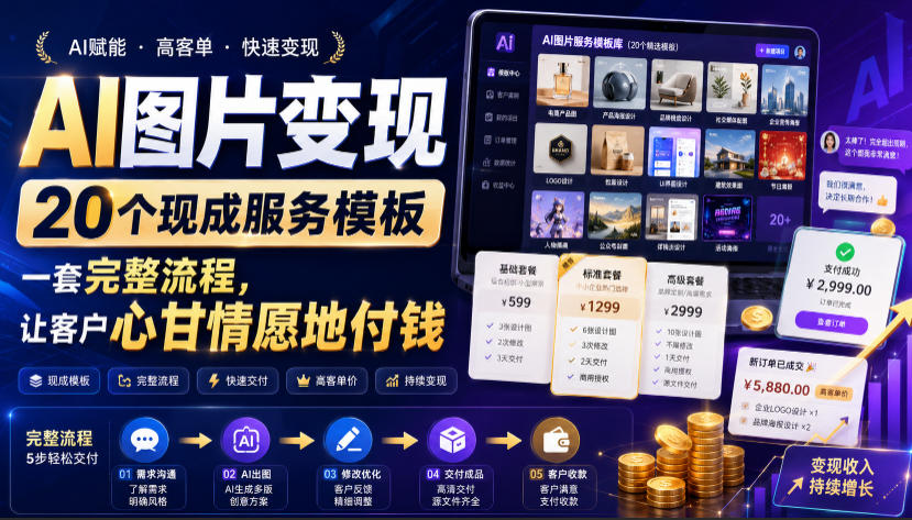 AI图片变现,20个现成服务模板,一套完整流程,让客户心甘情愿地付钱【原创双语字幕】-紫橙网创项目网