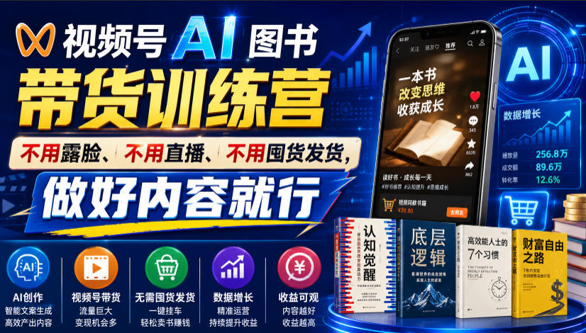 视频号AI图书带货训练营,不用露脸、不用直播、不用囤货发货,做好内容就行,一条爆款视频佣金8942-紫橙网创项目网