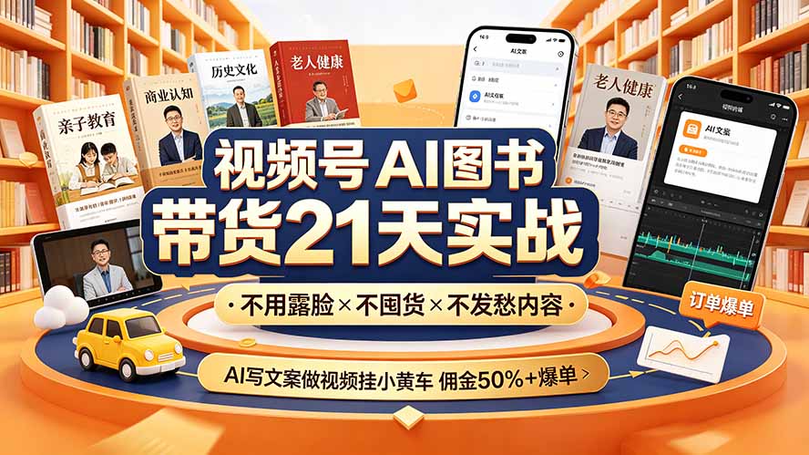 视频号AI图书带货21天实战:不用露脸×不囤货×不发愁内容,AI写文案做视频挂小黄车,佣金50%+爆单-紫橙网创项目网