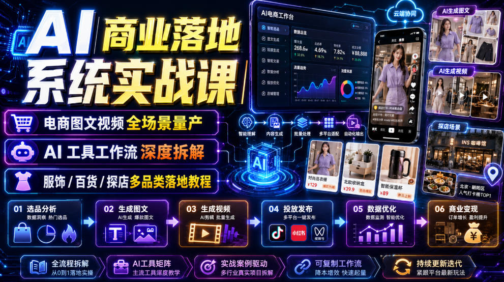 AI商业落地系统实战课｜电商图文视频全场景量产・AI工具工作流深度拆解・服饰/百货/探店多品类落地教程-紫橙网创项目网