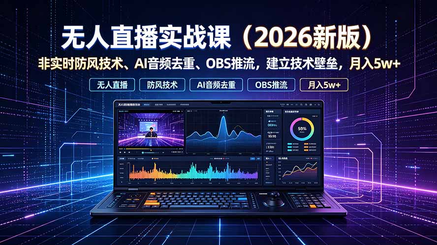 无人直播实战课(更新7月),非实时防风技术、AI音频去重、OBS推流,建立技术壁垒,月入5w+-紫橙网创项目网