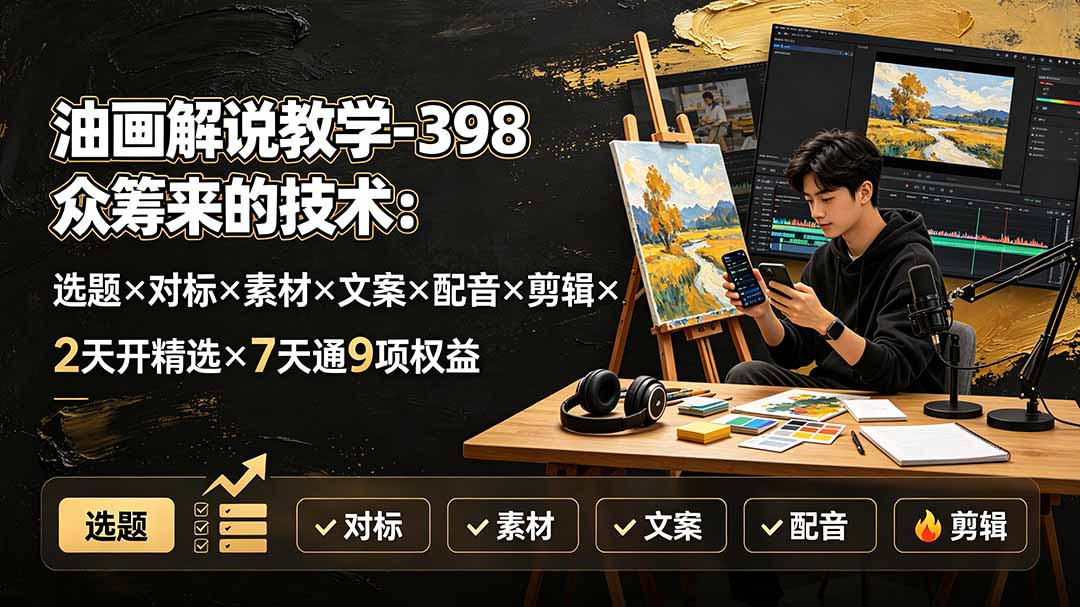 油画解说教学-398众筹来的技术:选题×对标×素材×文案×配音×剪辑×2天开精选×7天通9项权益-紫橙网创项目网