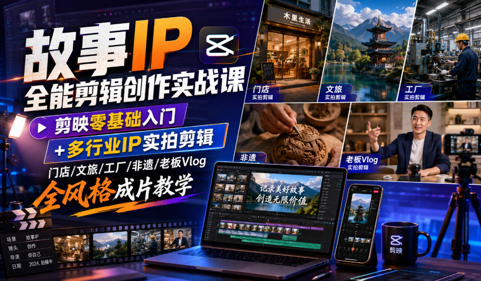 故事IP全能剪辑创作实战课｜剪映零基础入门+多行业IP实拍剪辑，门店/文旅/工厂/非遗/老板Vlog全风格成片教学-紫橙网创项目网