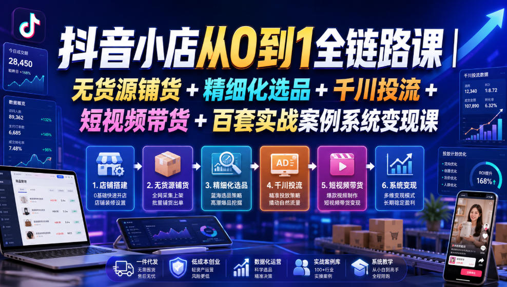 抖音小店从0到1全链路课|无货源铺货+精细化选品+千川投流+短视频带货+百套实战案例系统变现课(2026年7月更新)-紫橙网创项目网