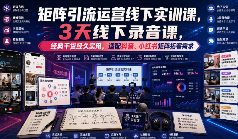 嗨推矩阵引流运营线下实训课,3天线下录音课,经典干货经久实用,适配抖音、小红书矩阵拓客需求-紫橙网创项目网