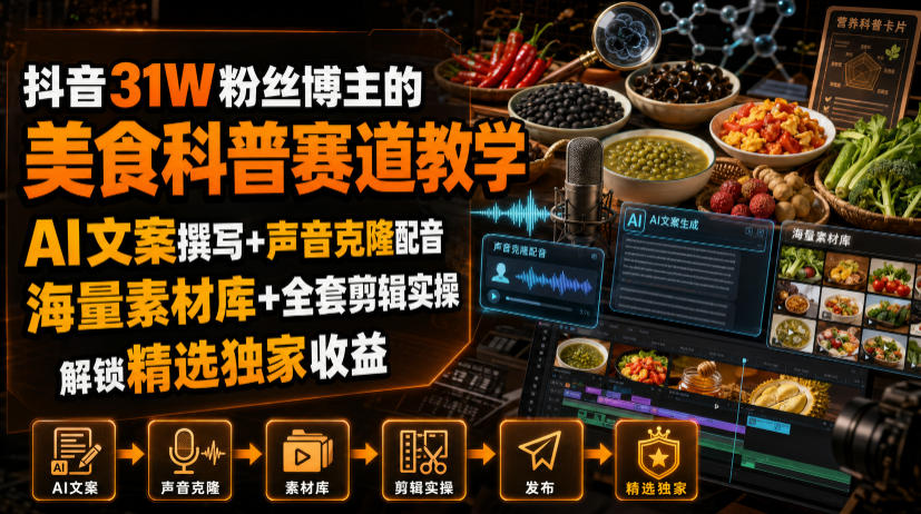 抖音31W粉丝博主的美食科普赛道教学，AI文案撰写+声音克隆配音+剪辑实操，解锁精选独家收益-紫橙网创项目网