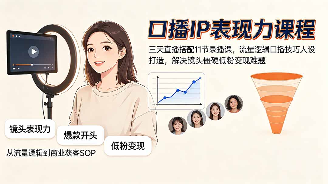 口播IP表现力课程|三天直播搭配11节录播课,流量逻辑口播技巧人设打造,解决镜头僵硬低粉变现难题-紫橙网创项目网