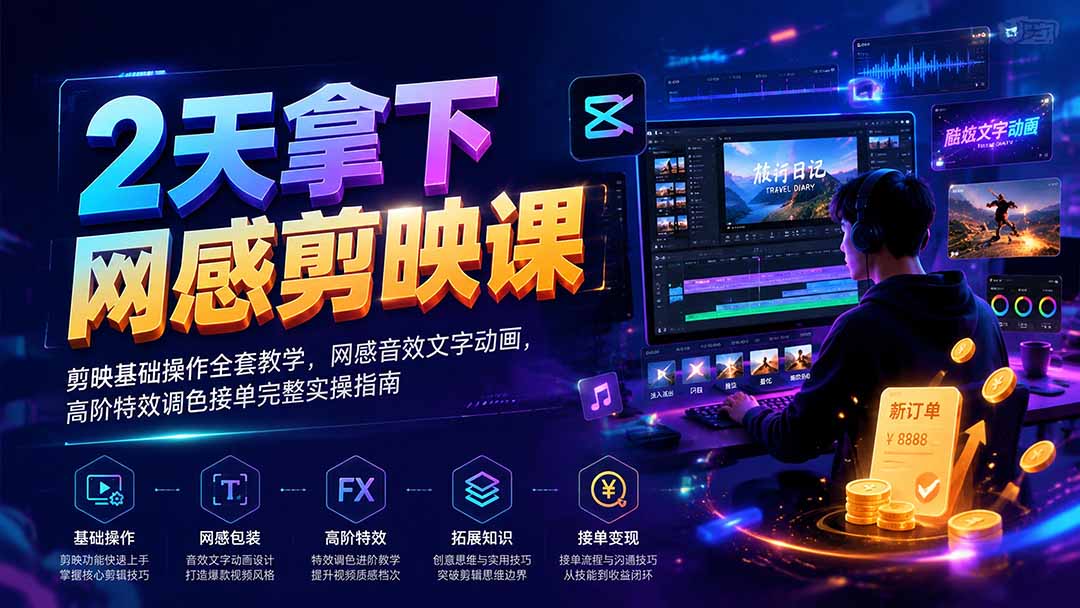 2天拿下网感剪辑课|剪映基础操作全套教学,网感音效文字动画,高阶特效调色接单完整实操指南-紫橙网创项目网