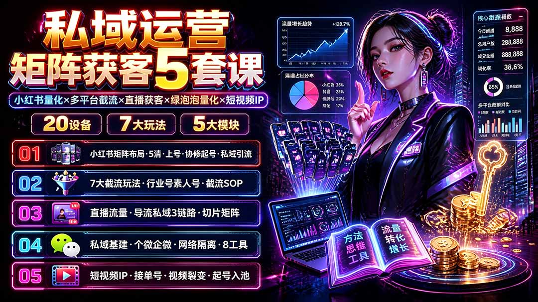 私域运营矩阵获客5套课:小红书量化×多平台截流×直播获客×绿泡泡量化×短视频IP×20设备×7大玩法-紫橙网创项目网