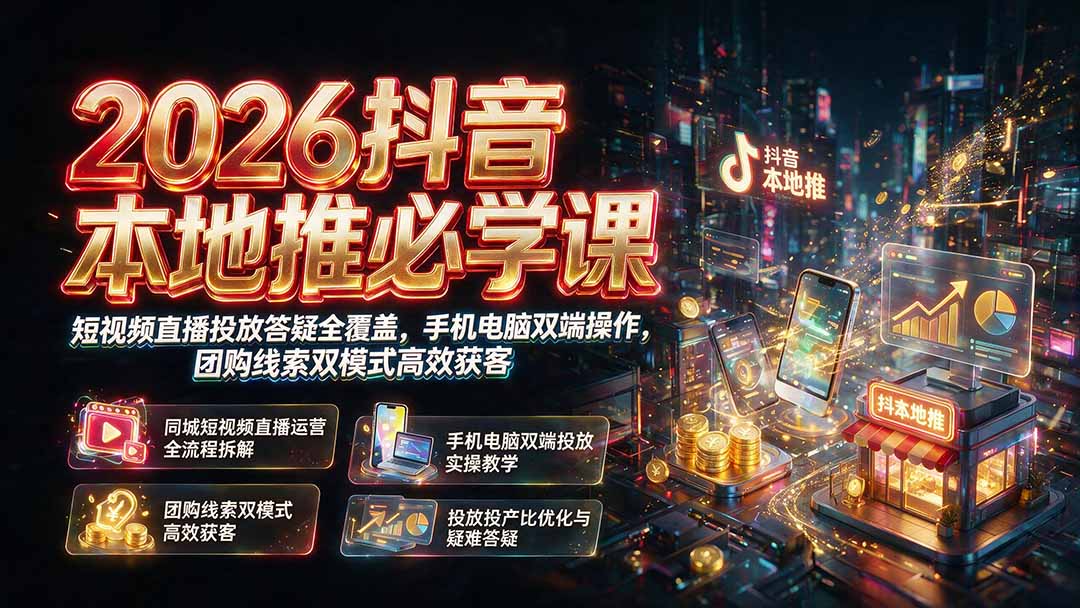 2026抖音本地推必学课|短视频直播投放答疑全覆盖,手机电脑双端操作,团购线索双模式高效获客-紫橙网创项目网