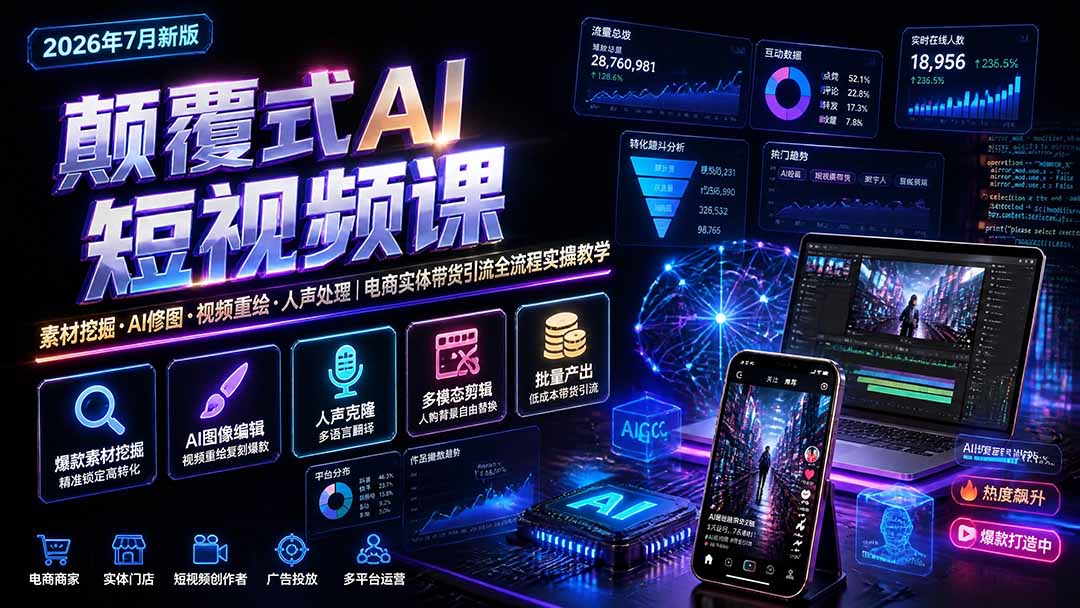 颠覆式AI短视频课|素材挖掘,AI修图,视频重绘,人声处理|电商实体带货引流全流程实操教学-紫橙网创项目网