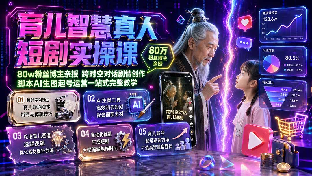 育儿智慧真人短剧实操课|80w粉丝博主亲授,跨时空对话剧情创作,脚本AI生图起号运营一站式完整教学-紫橙网创项目网
