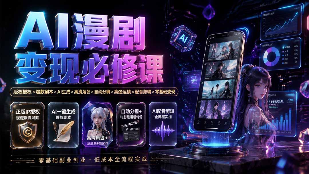 AI漫剧变现必修课:版权授权×爆款剧本×AI生成×高清角色×自动分镜×高级运镜×配音剪辑×零基础变现-紫橙网创项目网