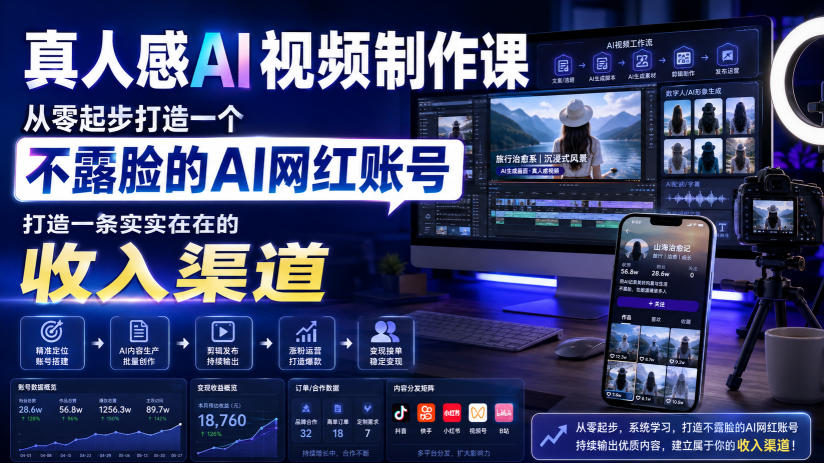 真人感AI视频制作课,从零起步打造一个不露脸的AI网红账号,打造一条实实在在的收入渠道【原创双语字幕】-紫橙网创项目网