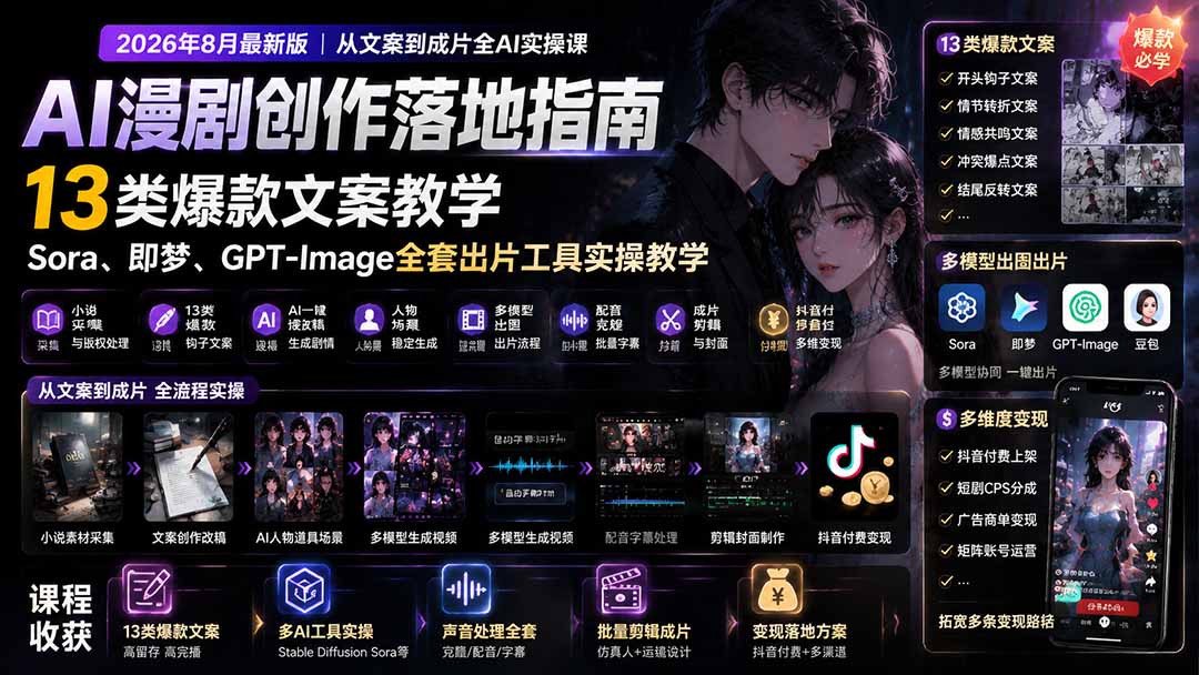 AI漫剧创作落地指南|13类爆款文案教学,Sora、即梦、GPT-Image全套出片工具实操教学-紫橙网创项目网