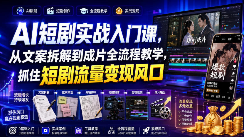 AI短剧实战入门课，从文案拆解到成片全流程教学，抓住短剧流量变现风口-紫橙网创项目网
