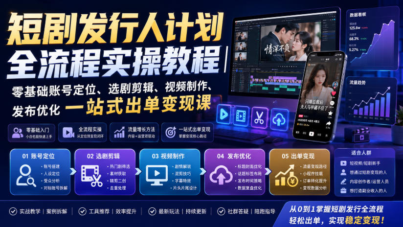 短剧发行人计划全流程实操教程|零基础账号定位、选剧剪辑、视频制作、发布优化一站式出单变现课-紫橙网创项目网