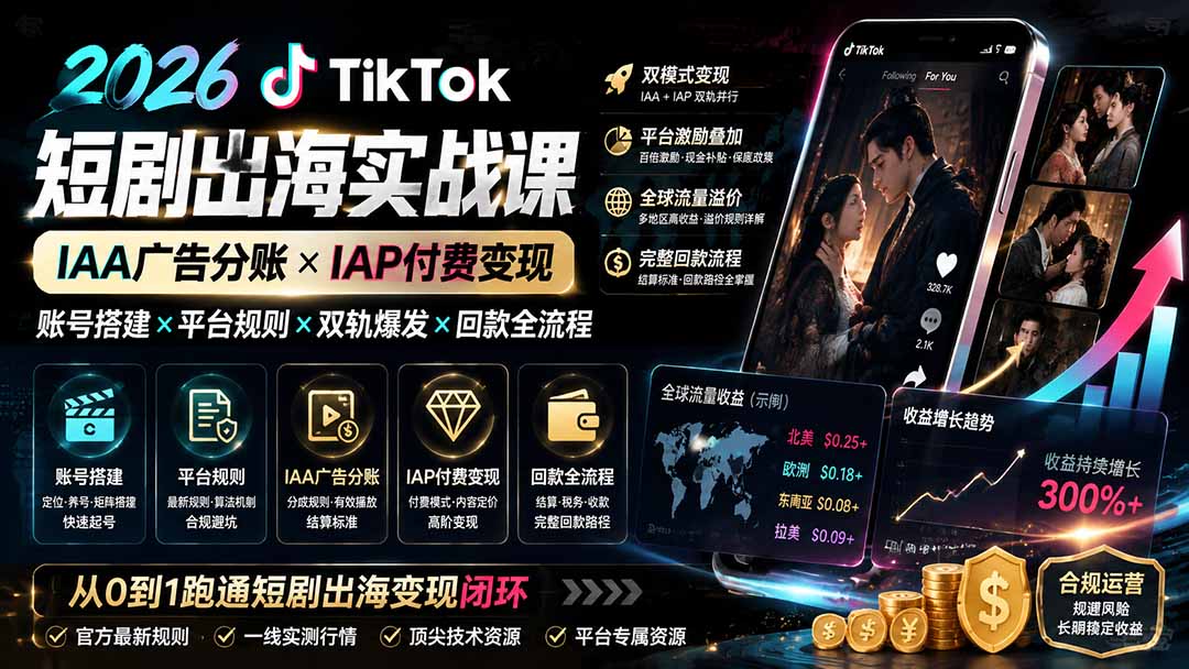2026TikTok短剧出海实战课:IAA广告分账×IAP付费变现×账号搭建×平台规则×双轨爆发×回款全流程-紫橙网创项目网