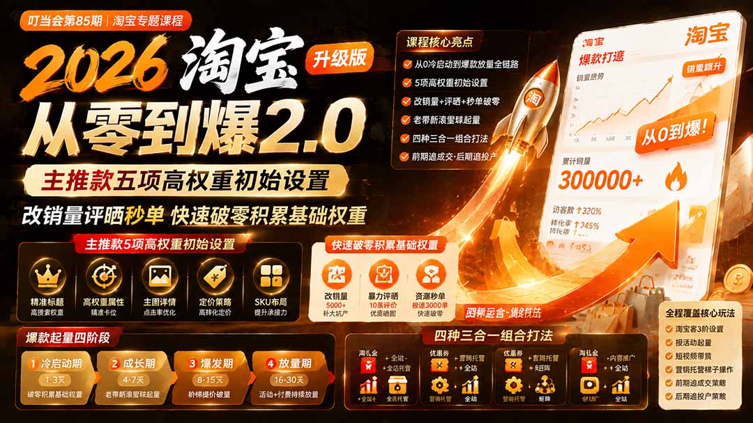 2026淘宝从零到爆2.0第85期;主推款五项高权重初始设置,改销量评晒秒单快速破零积累基础权重-紫橙网创项目网
