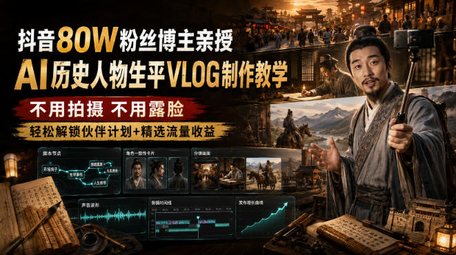 抖音80W粉丝博主的AI历史人物生平VLOG教学，不用拍摄不用露脸，AI帮你搞定，轻松解锁伙伴计划+精选收益-紫橙网创项目网