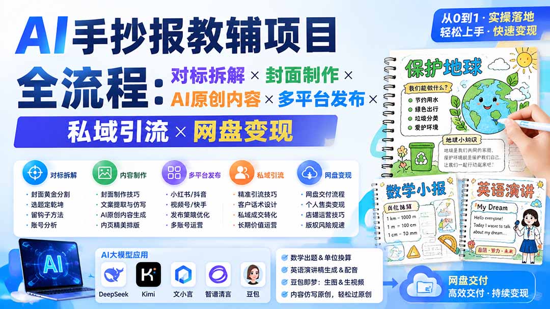 AI手抄报教辅项目全流程:对标拆解×封面制作×AI原创内容×多平台发布×私域引流×网盘变现-紫橙网创项目网
