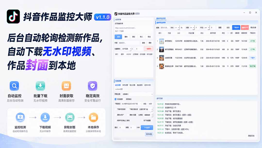 抖音作品监控大师v1.1.0：后台自动轮询检测新作品，自动下载无水印视频、作品封面到本地-紫橙网创项目网